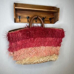Kayu Red Ombre Raffia Fringe Straw Tote Beach Bag Large Handcrafted Philippines